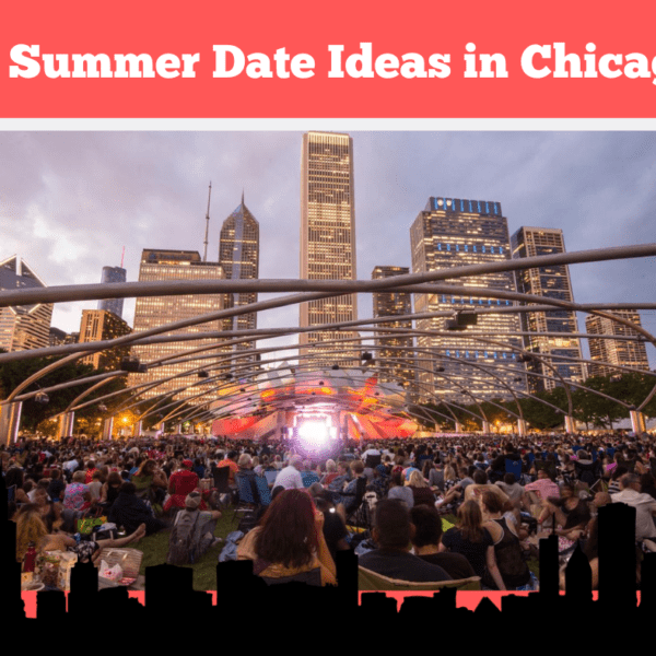 View from concert venue lawn with skyscrapers in background.