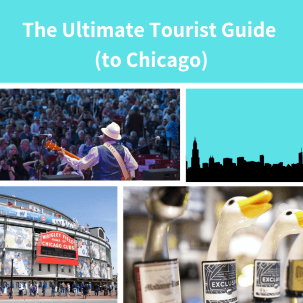 Collage of Chicago tourist attractions like skyline, concert venue, Wrigley field, and beer tap.