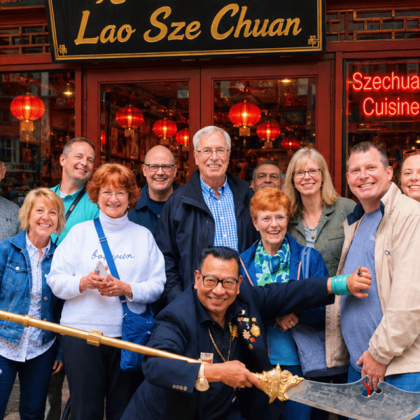 Walking tour group posing outside Lao Sze Chuan restaurant in Chicago's Chinatown.